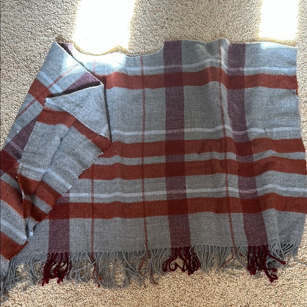 Plaid Fringe Sweater - Gray and Red
